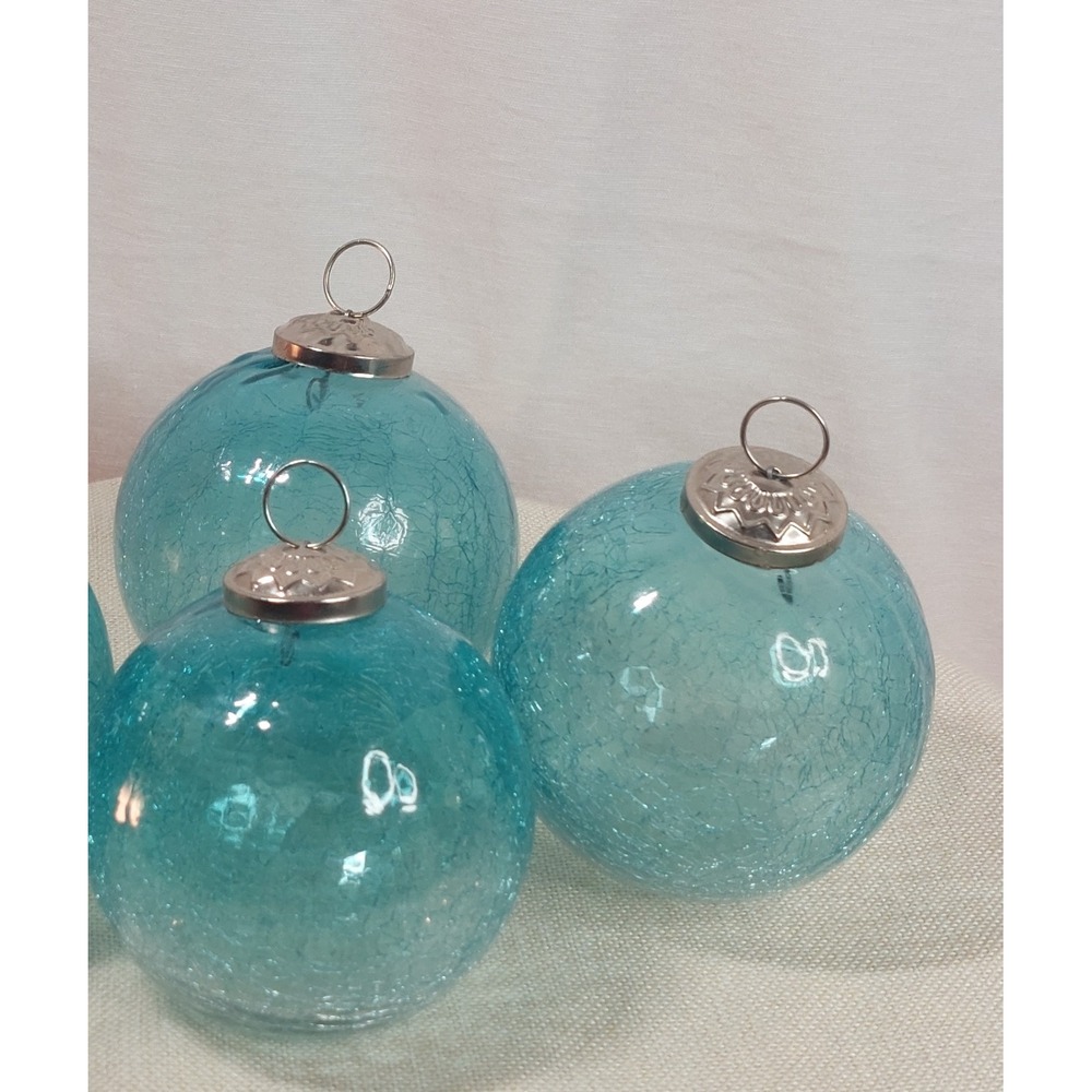 Set Of 3 Large Aqua Blue Crackle Glass Christmas Ornaments Coastal Beach 4" - Picture 11 of 15